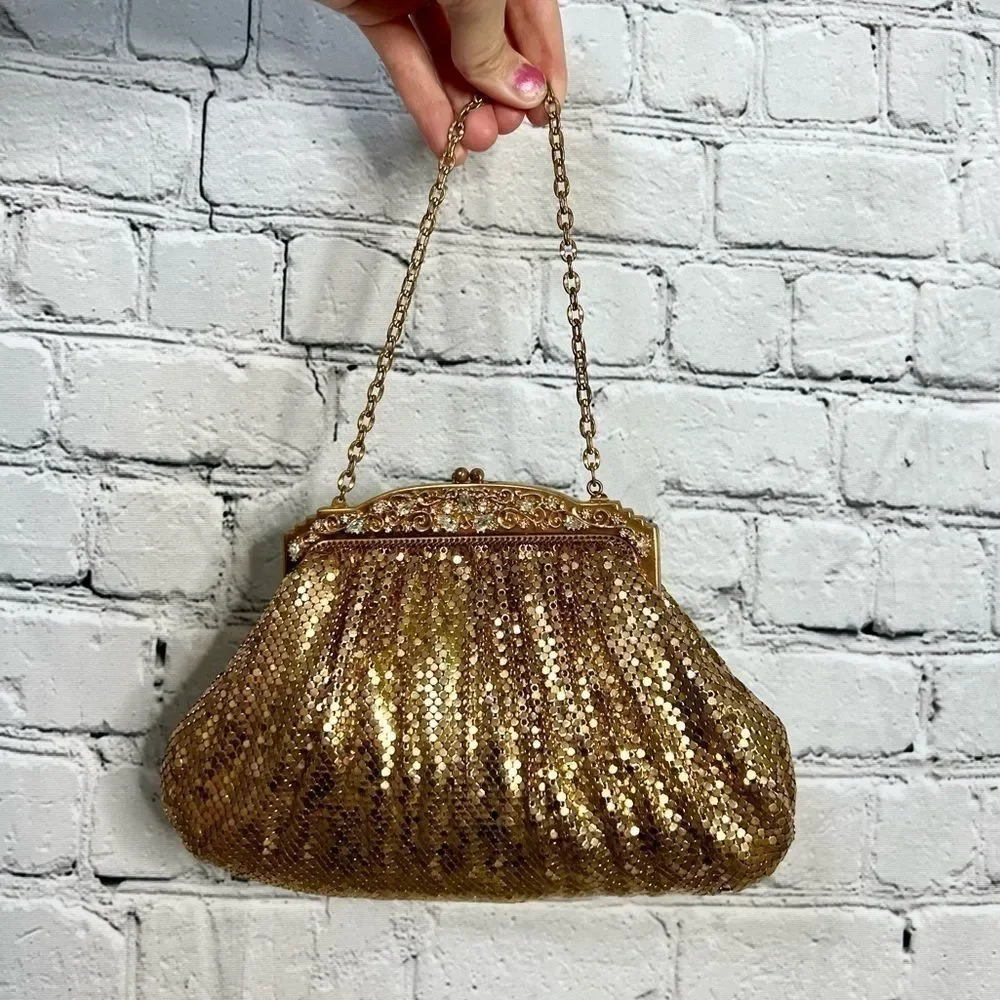 Vintage Whiting & Davis Gold Metal Mesh Rhinestone Kisslock Clutch 1940s/1950s